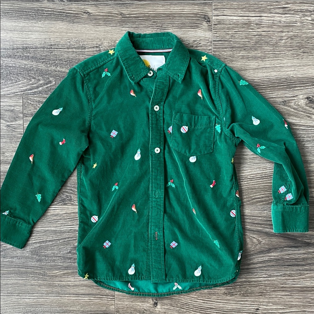 Mini Boden Boys Green Corduroy Button Down Shirt with Holiday Embroidery